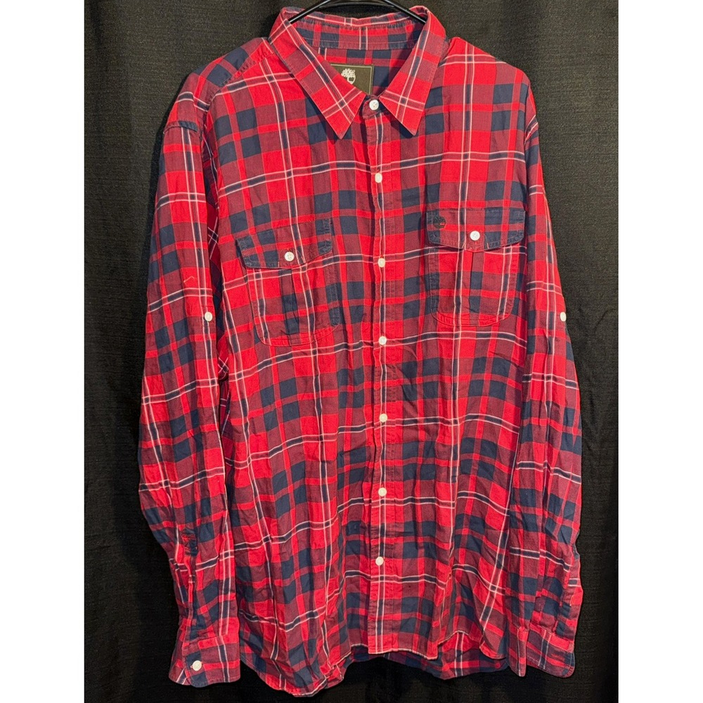Timberland Mens XL Red Navy Plaid Long Sleeve Button Up Shirt Flap Pockets